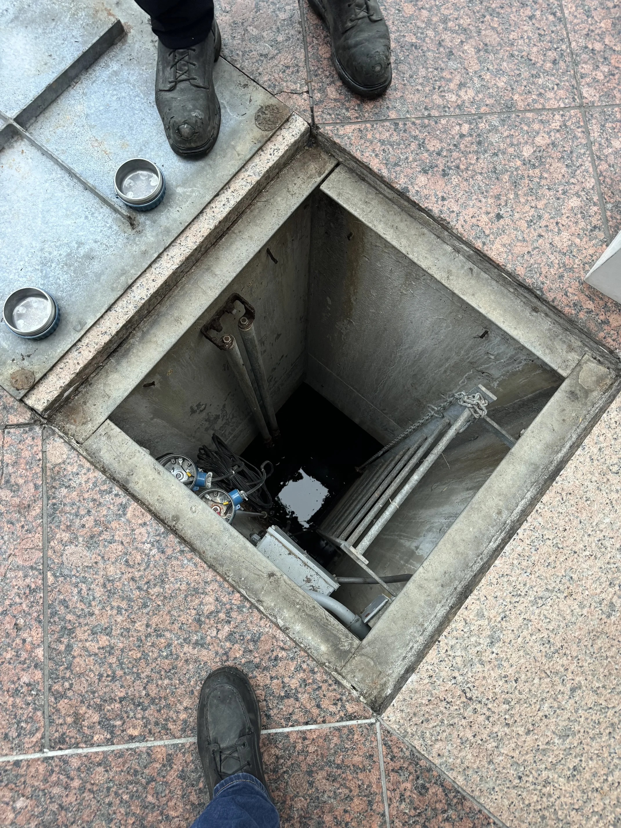 Floor access vault with pump infrastructure in commercial building lobby