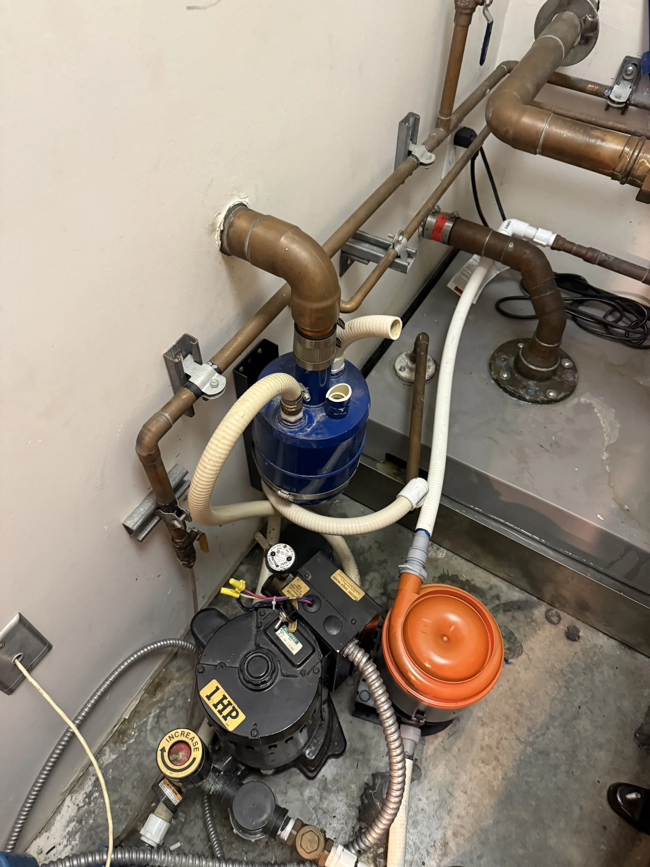 Commercial pump room with copper piping and booster pumps